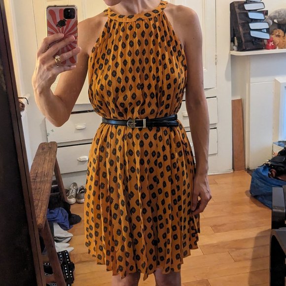 THML - Orange and Green Paisley Pleated Sleeveless Dress - Picture 5 of 9